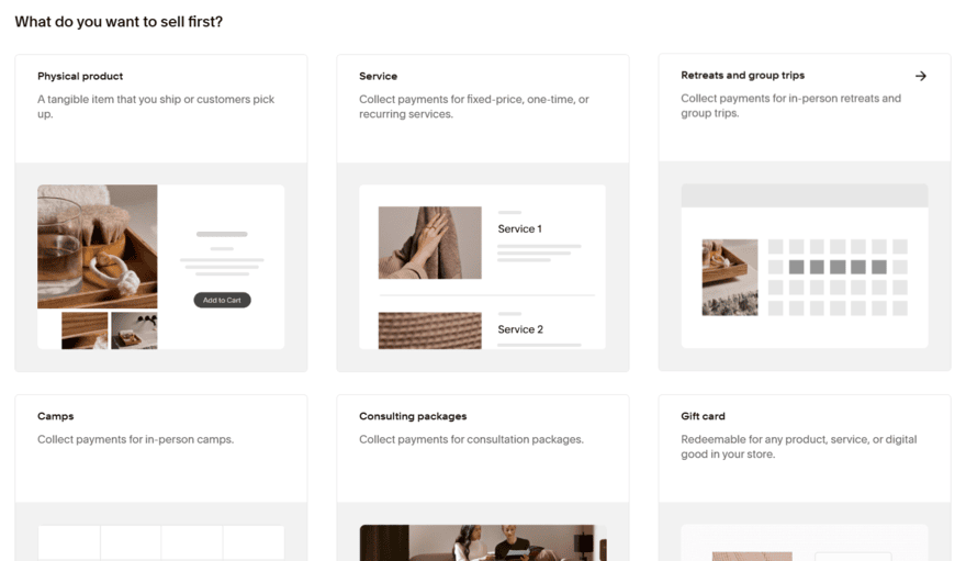 Squarespace product types Cards showing different product types you can add to your Squarespace site