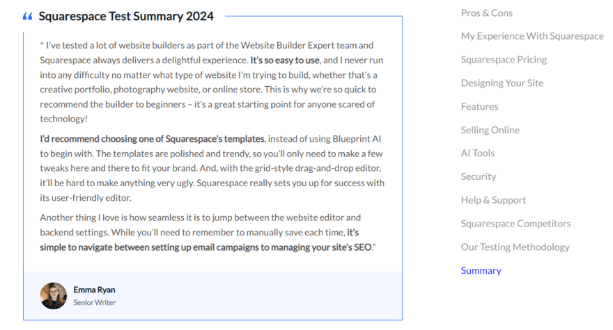 Squarespace review EEAT Squarespace test summary in Website Builder Expert's Squarespace Review article
