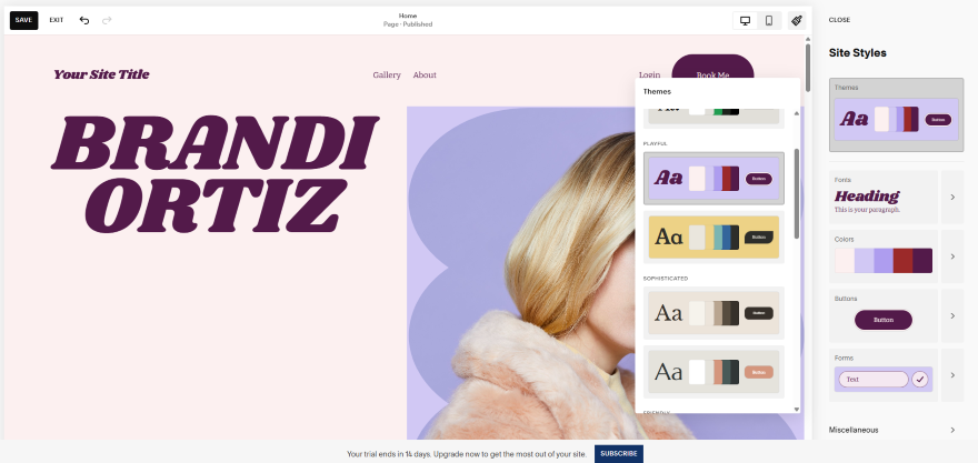 Squarespace site styles Squarespace website design interface showcasing "BRANDI ORTIZ" title with theme options and color palettes for customization.