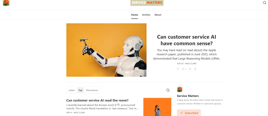SubStack Homepage Example A robot arm extending towards an orange backdrop, featured on a blog discussing AI in customer service.