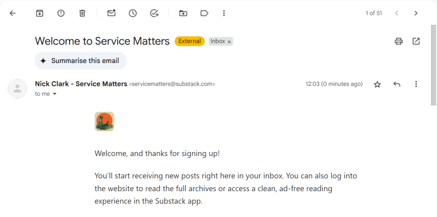 Substack Intro Email Email welcoming the user to "Service Matters," detailing benefits of subscription and access to content via the Substack app.
