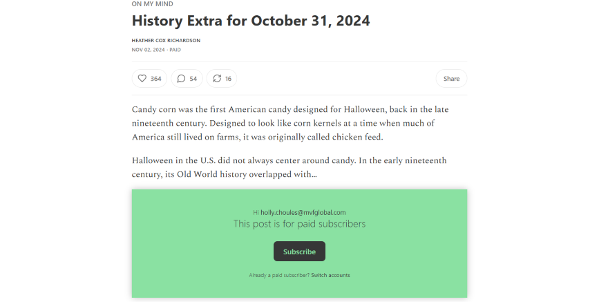 Substack Paid Subscribers Article titled "History Extra for October 31, 2024" discussing candy corn's origins and Halloween's historical context, presented by Heather Cox Richardson.