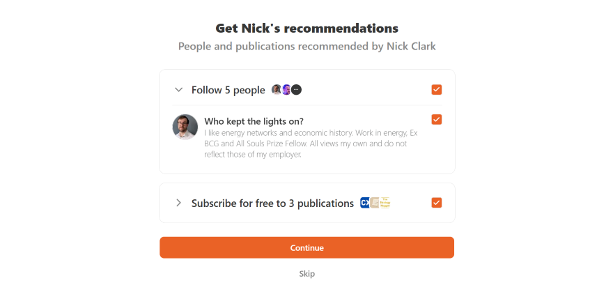 Substack Recommendations Screenshot of a web interface displaying Nick Clark's recommendations, including options to follow people and subscribe to publications.