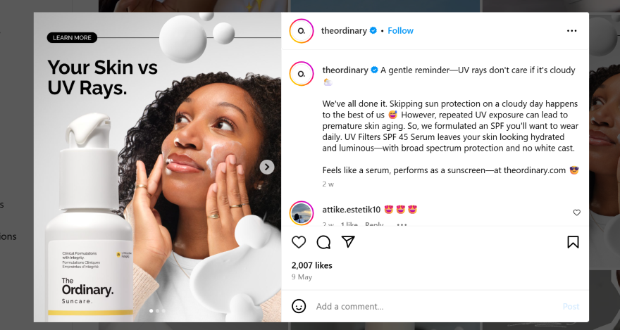 The Ordinary B2C Skincare Guide Screenshot of an The Ordinary Instagram post and bio on UV rays
