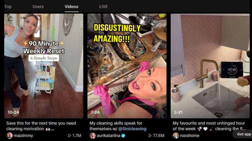 TikTok cleaning influencers Three TikTok videos showing cleaning influencers