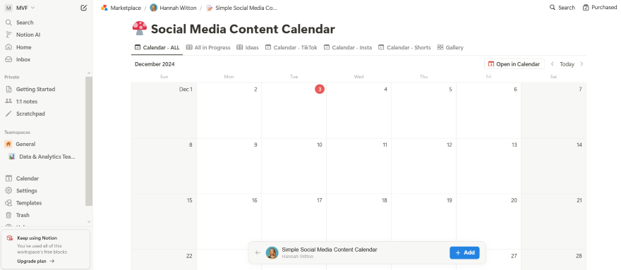 TikTok Content Calendar Screenshot of a content calendar on Notion used to plan content