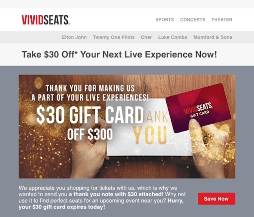 Vivid Seats customer gift card Vivid Seats' thank you page post-purchase, including a large image offering an exclusive gift card deal