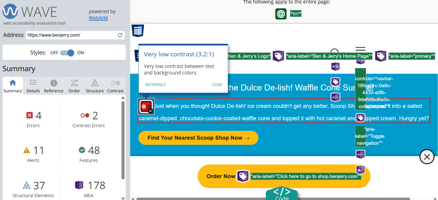 WAVE Website Audit Screenshot of WAVE tool identfying accessibility improvements for Ben & Jerry's homepage