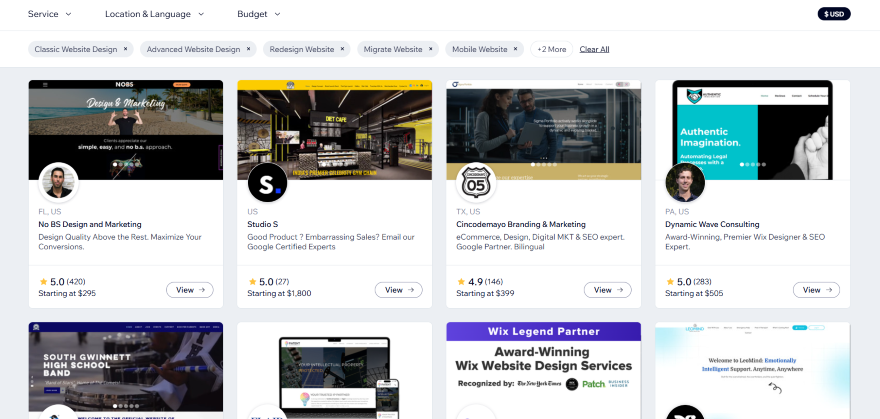 Web Designer Roles Wix Grid of website design service listings, showcasing various agencies with ratings, starting prices, and services offered.
