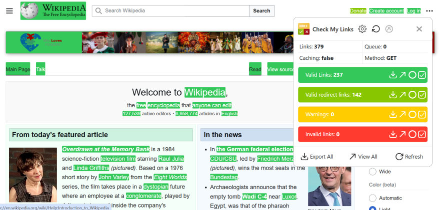 Screenshot of the Check My Links pop-up over a Wikipedia page