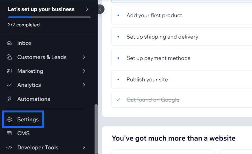 Wix account dashboard settings Wix dashboard with a blue box highlighting "Settings" in the sidebar