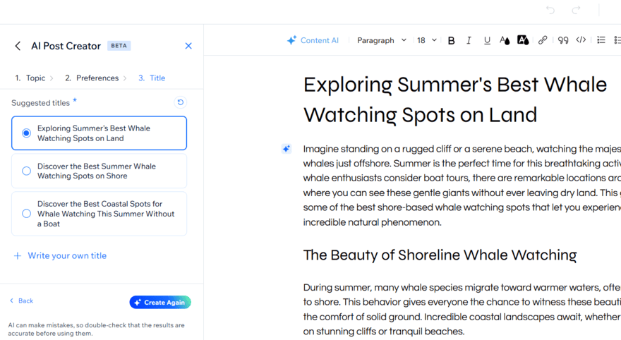 Wix AI blogging tools Wix AI blog creator generating content on whale watching spots