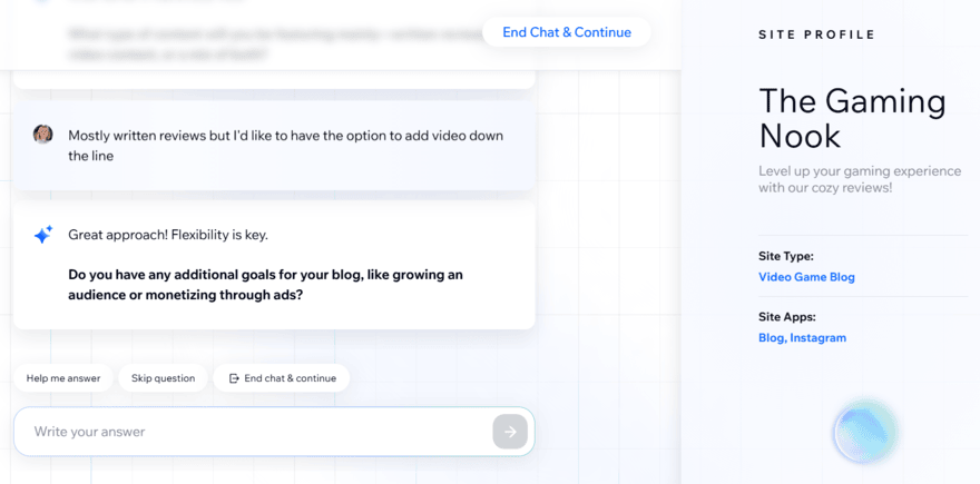 Wix AI builder (2) Wix AI chatbot builder producing a site profile