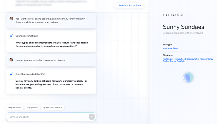 Wix AI builder (4) Wix's AI chatbot builder building a site profile