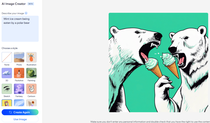 Wix AI image creator Wix's AI image creator generating a pop art style image of polar bears eating ice cream