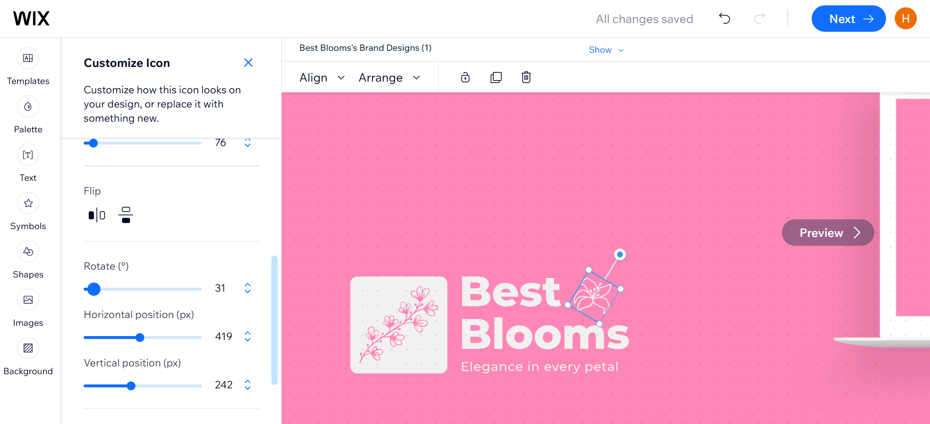 Wix AI Logo Maker Editing Logo A Wix design interface showing customization options for a floral logo labeled "Best Blooms" on a pink background.
