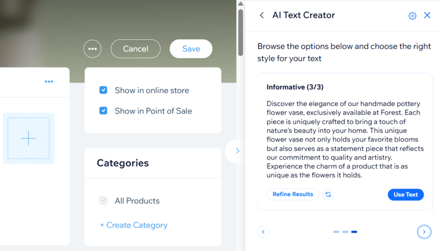 Wix AI product descriptions Wix AI product description tool showing a description in the style of "informative"