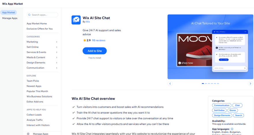 Wix AI site chat Wix AI site chat app in the app store