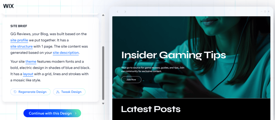 Wix AI site design AI site brief on Wix for generating a personalized template with a preview to the right showing a gaming review site template