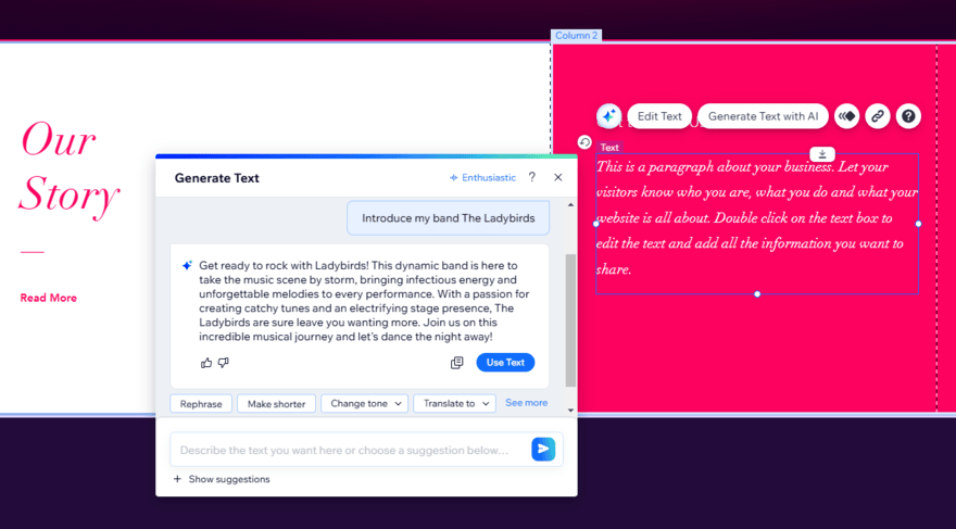 Wix AI Text Creator (1) Wix's AI Text Creator in the website editor