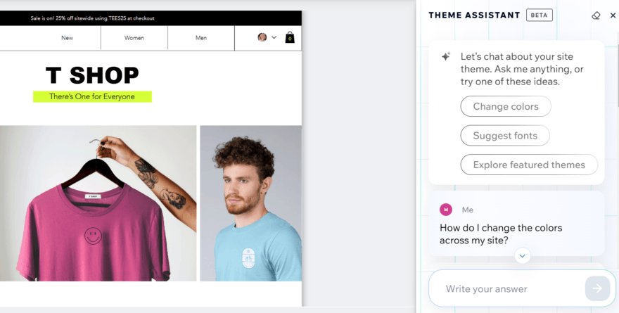 Wix AI Theme Assistant Wix's AI Theme Assistant offering support for designing my test site