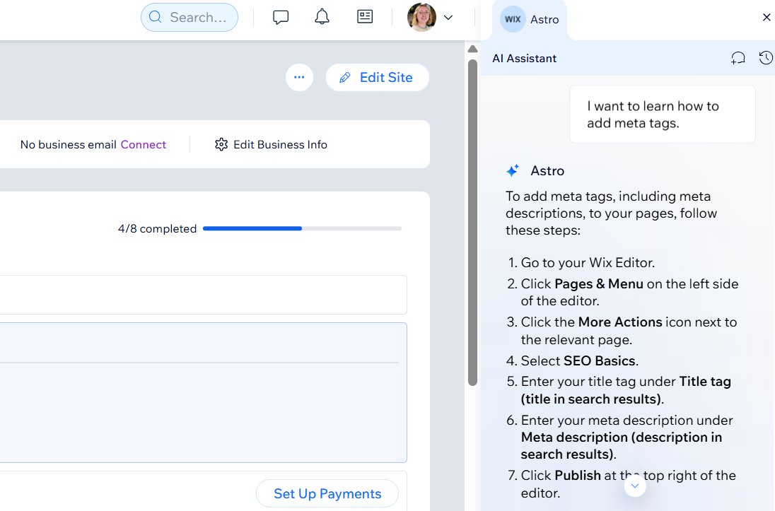 Wix Astro Wix Astro assistant in the dashboard, sharing advice on adding meta tags
