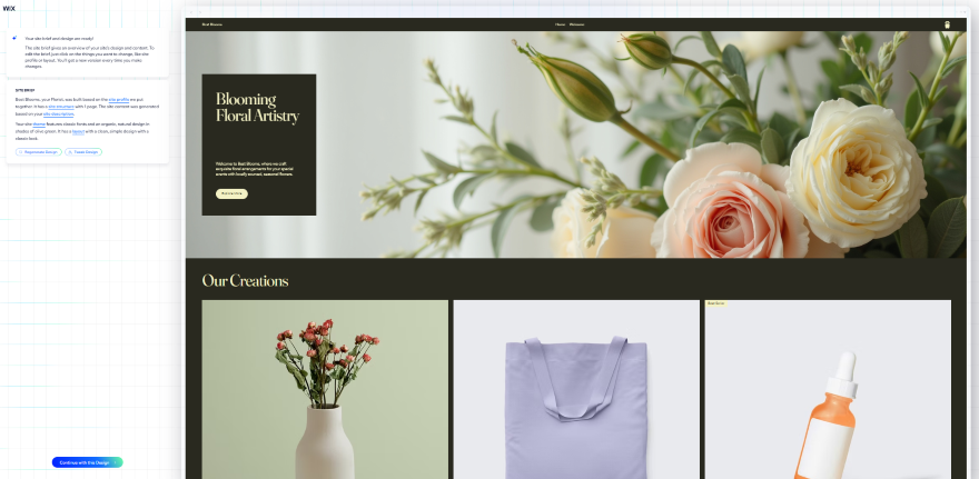 Wix Best Blooms Website Design A floral artistry website featuring an elegant arrangement of roses and greenery, showcasing products below in a grid layout.
