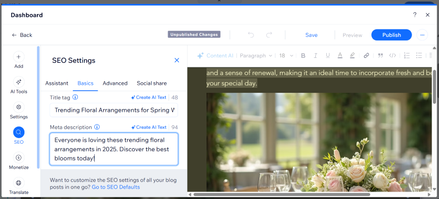 Wix Blog SEO Settings AI Generation The Wix Website editor showcasing SEO settings such as AI generating meta data