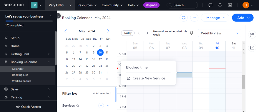 Wix Bookings Work Calendar Screenshot of an online booking calendar interface showing the month of May 2024, with options for scheduling and managing appointments.