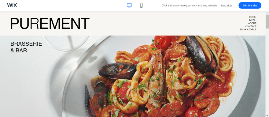 Wix Choosing Template WvsWvsW Screenshot showing the homepage of Purement Brasserie & Bar on Wix with a featured menu of pasta and seafood