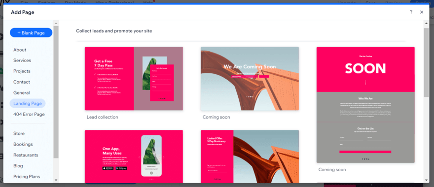 Wix coming soon templates Wix page template library showing options for a landing page and coming soon pages