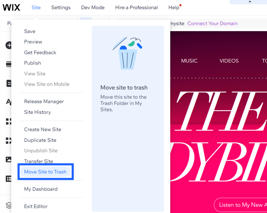 Wix delete site Wix editor with a sidebar showing site settings, including moving your site to trash