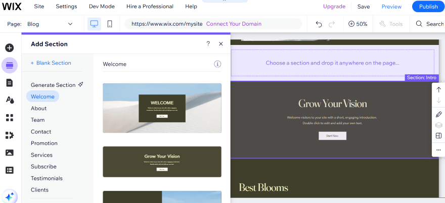 Wix Drag And Drop Section Screenshot of the Wix website editor showcasing the 'Add Section' panel with options for 'Welcome' and 'Grow Your Vision' templates.