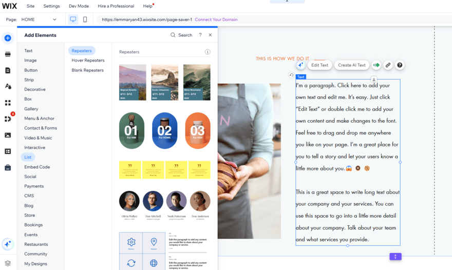 Wix editor Wix website editor showing a sidebar with list-style elements to add to the page