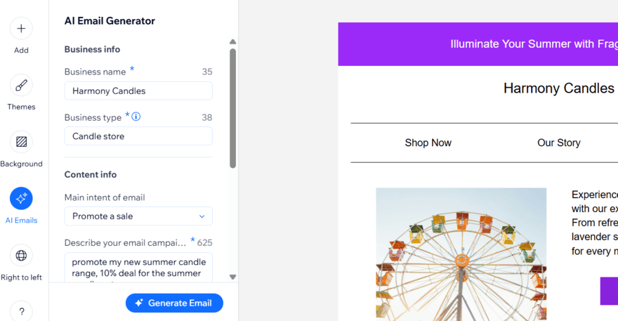 Wix email generator Wix's AI email generator creating a summer promotion campaign