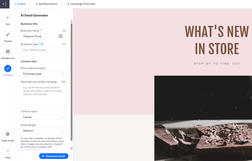 Wix email marketing AI AI email generator tool in Wix's email marketing editor