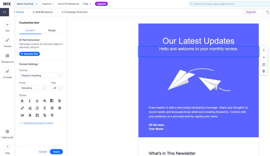 Wix newsletter editor Wix's newsletter editor to share latest business updates