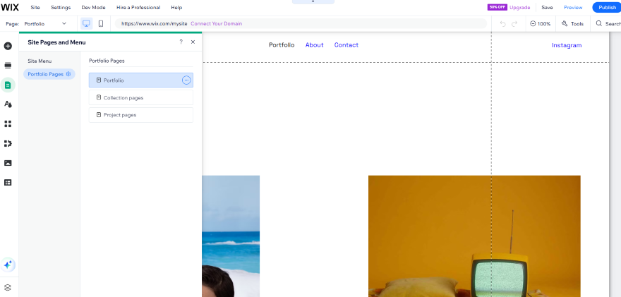 Wix Portfolio App Editor Pages Wix website editor showing the portfolio page setup, with options for portfolio, collection, and project pages in the site menu.