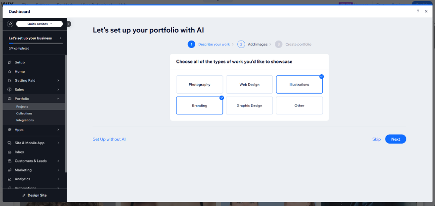 Wix Portfolio Dashboard Dashboard interface for setting up a portfolio with options for various work types including photography and graphic design.