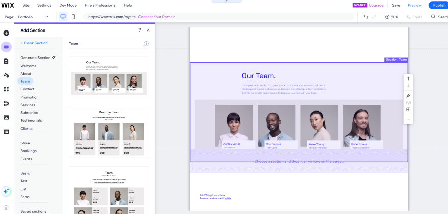 Wix Portfolio Team Section A webpage section titled "Our Team" with three team member profiles displayed and options to edit, featuring names and roles.