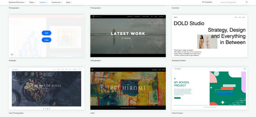 Wix Portfolio Templates A grid layout showcasing various creative portfolio templates for photographers, illustrators, videographers, and artists.