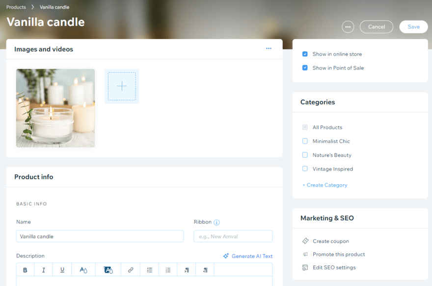 Wix product page Product form to add a product to Wix website