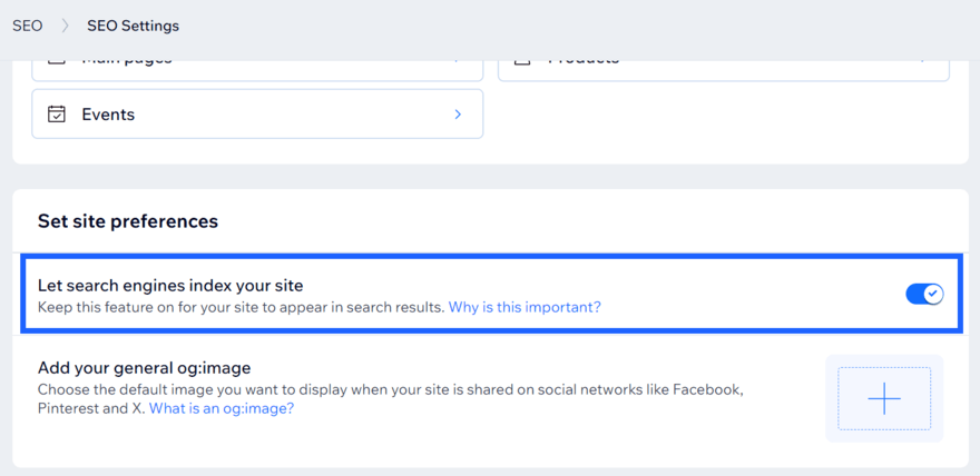 Wix SEO settings Wix SEO settings with a blue box highlighting the option to let search engines index your site