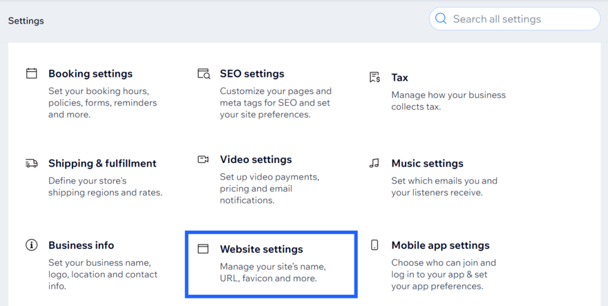 Wix settings Wix settings showing various categories - a blue box highlights "website settings"