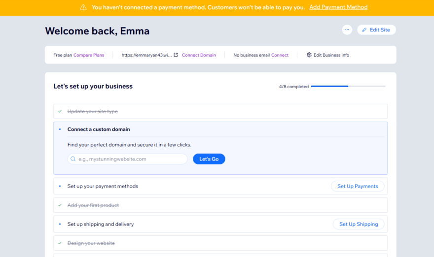 Wix setup checklist Wix website builder setup checklist with reminder to upgrade if you want to accept payments