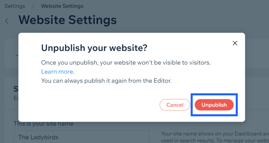 Wix unpublish pop up Unpublish pop up box with the "unpublish" button highlighted with a blue box