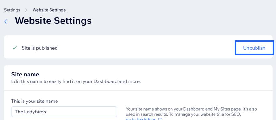 Wix website settings unpublish Wix website settings page with a blue box highlighting the button to unpublish your site