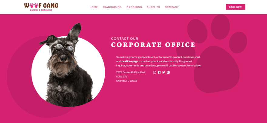 Woof Gang Woof gang's Contact page with fun image of a dog with sunglasses on.
