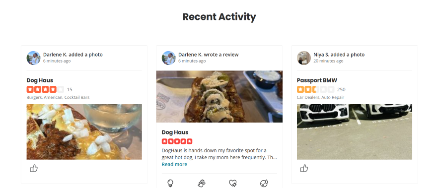 Yelp Backlinking Example Screenshot of Yelp's front page featuring most recent reviews of local businesses with customer stars and photos