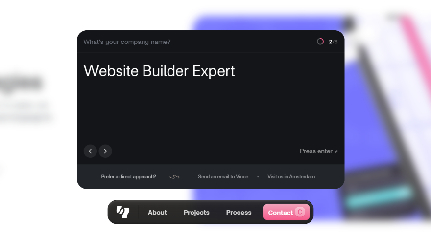 YummyGum Website Form Easy to Use Screenshot of a website with a pop-up contact form asking for a brand name